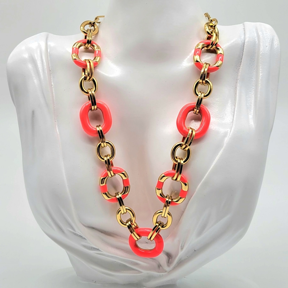 Kate Spade Chunky Gold Rolo Link Statement Necklace with Pink Enameling